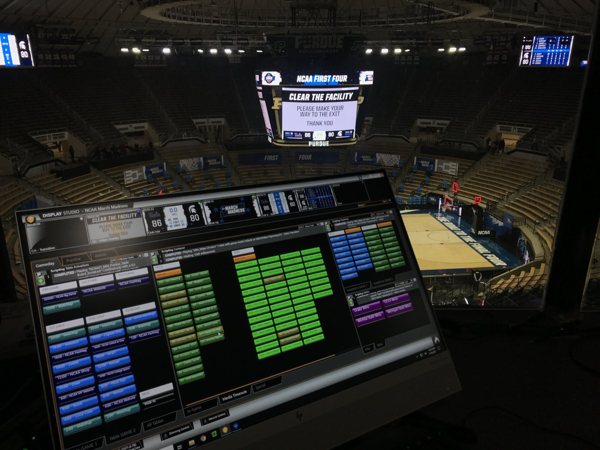Daktronics's tweet photo. Only four teams remain! Here's a look at the facilities using our equipment &amp; services for #MarchMadness that took place over the past two weeks. @LucasOilStadium will host the final three games where a champion will be crowned Monday night. #DakMadness #DakCollege @marchmadness https://t.co/IZ7jLk9qQE