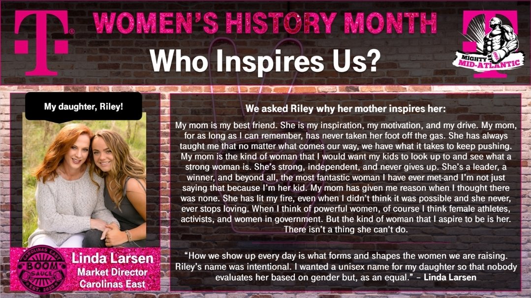 "Women's History Month Spotlight"
The Mighty Mid-Atlantic would like to take a moment and recognize <a href="/_LindaLarsen/">Linda Larsen</a>
Linda is the Market Director in Carolinas East representing #TeamBoomSauce &amp; her daughter let's us know why her mom inspires her!
#WomensHistoryMonth