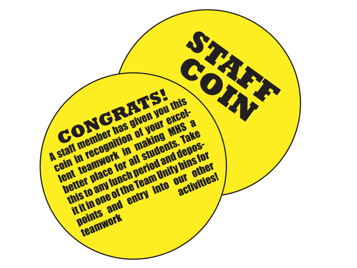 StreaksYearbook's tweet photo. MISSING! Countless Staff Coins have yet to be turned in to give Team Unify the points to balance the Teamwork with Team Staff! Tomorrow is the LAST day to hand them in. There will be a table before school and at lunches to do so! Spread the word!! #wearemadisonblue #ProjectUnify https://t.co/k15wXgnoFc