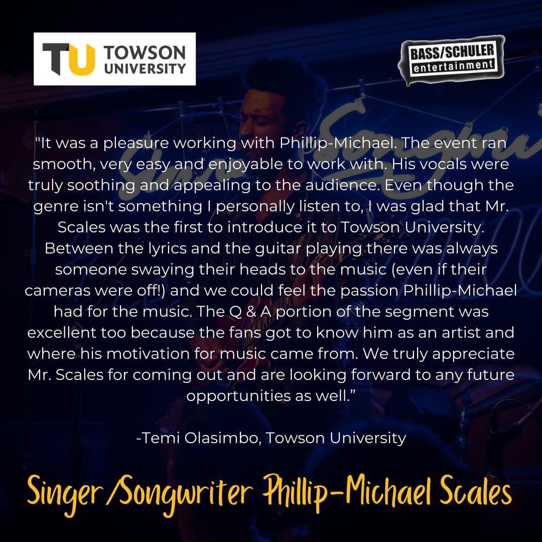 BassSchuler's tweet photo. Thanks so much to Towson University, Reading Area Community College, & University of Wisconsin-Eau Claire for hosting Phillip Michael Scales! #BassSchulerEntertainment #BSEAgency #Singer #Songwriter #PhillipMichaelScales #ArtistReviews https://t.co/vIwgtbLTc3