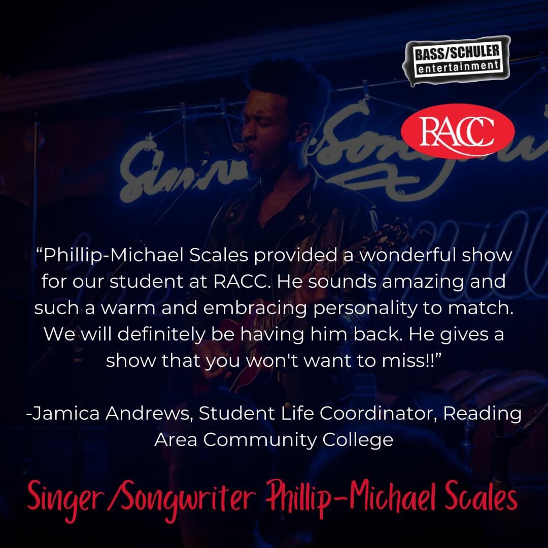 BassSchuler's tweet photo. Thanks so much to Towson University, Reading Area Community College, & University of Wisconsin-Eau Claire for hosting Phillip Michael Scales! #BassSchulerEntertainment #BSEAgency #Singer #Songwriter #PhillipMichaelScales #ArtistReviews https://t.co/vIwgtbLTc3