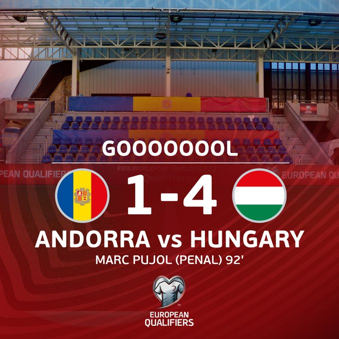 TB_Andorrao's tweet photo. ⚽️ FINAL DE JOGO
Uma péssima atuação, até achei que houve momentos que dava pra criar, Andorra fez um segundo tempo ruim - Marc Pujol fez um gol de honra
—
🇦🇩 1 x 4 🇭🇺
⚽️ 45+1' A. Fiola
⚽️ 51' D. Gazdag
⚽️ 58' L. Kleinheisler
⚽️ 90' Négo
⚽️ 90+2' M. Pujol
🇦🇩 | #ANDHUN https://t.co/4BIry3BxEk