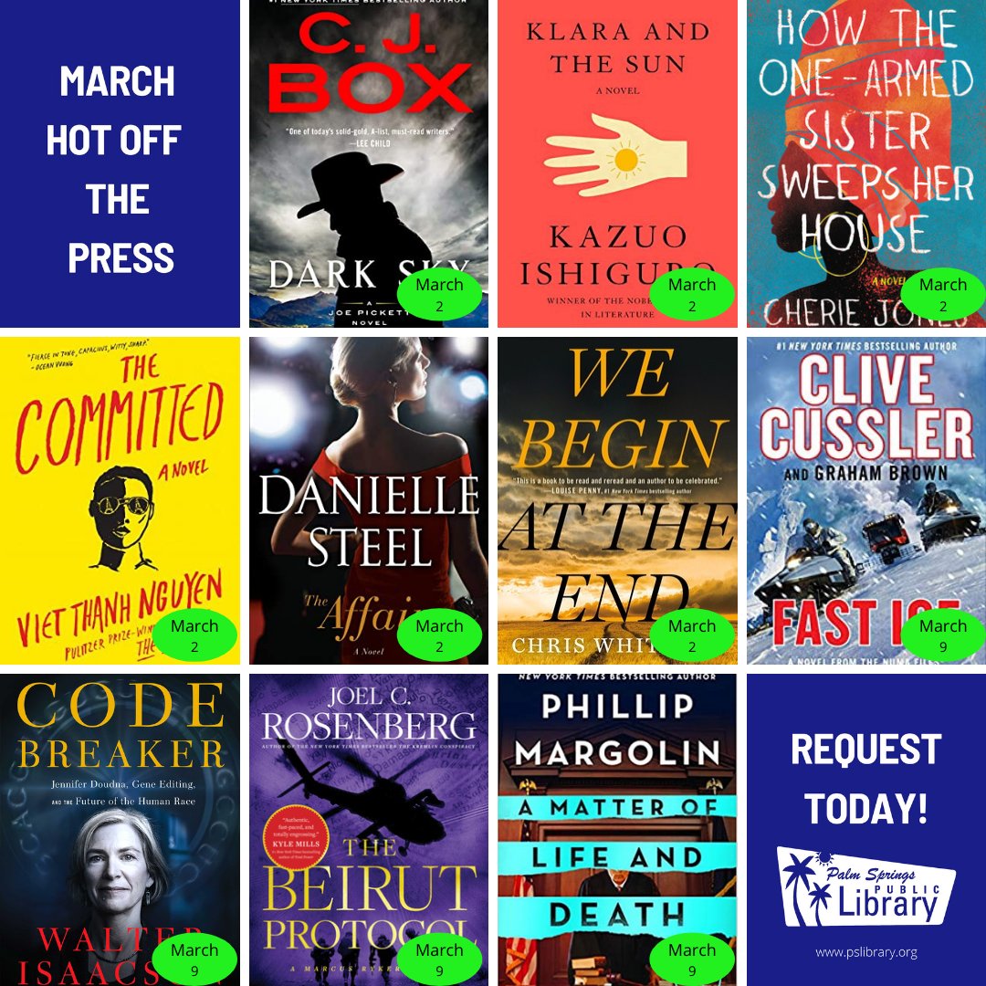 Place your requests now for these March new releases.

#newbooks #librarybook #booklove #bookcommunity #fortheloveofreading #readingforlife #bookfeature #welovebooks #publiclibrary #palmsprings #pslibrary