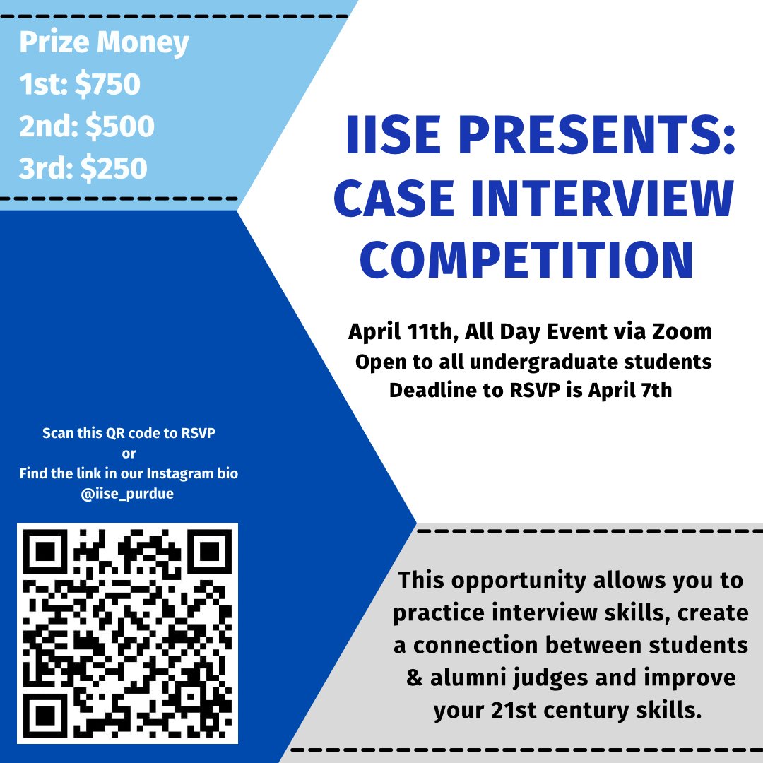 RSVP for IISE's Case Interview Competition held on April 11th! It's a great opportunity to work on interview skills and build connections between students as well as alumni judges. The RSVP link closes on April 7th, be sure to check out the flyer below!