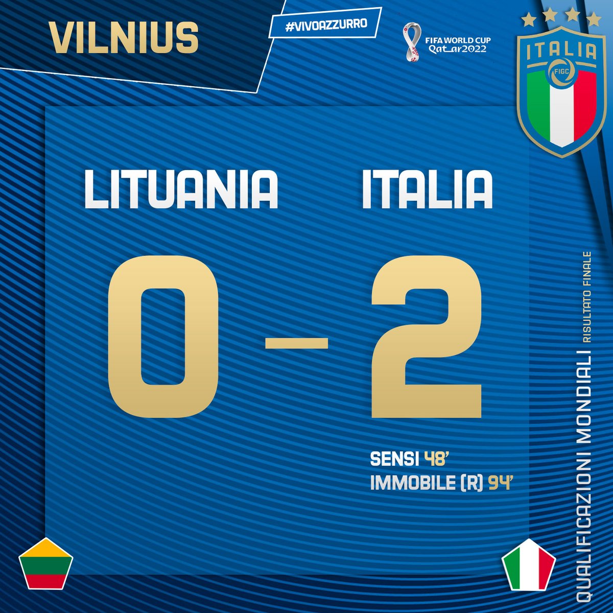 Azzurri's tweet photo. ⏱ FINALE
🇱🇹🇮🇹 #LituaniaItalia 0️⃣-2️⃣
⚽️ #Sensi 48’, #Immobile (r) 94’

📋 L’#Italia di #Mancini vince ancora e centra la terza vittoria su tre gare nel Gruppo C

#Nazionale #WCQ�� #LitIta  #VivoAzzurro https://t.co/XZCTrlV9On