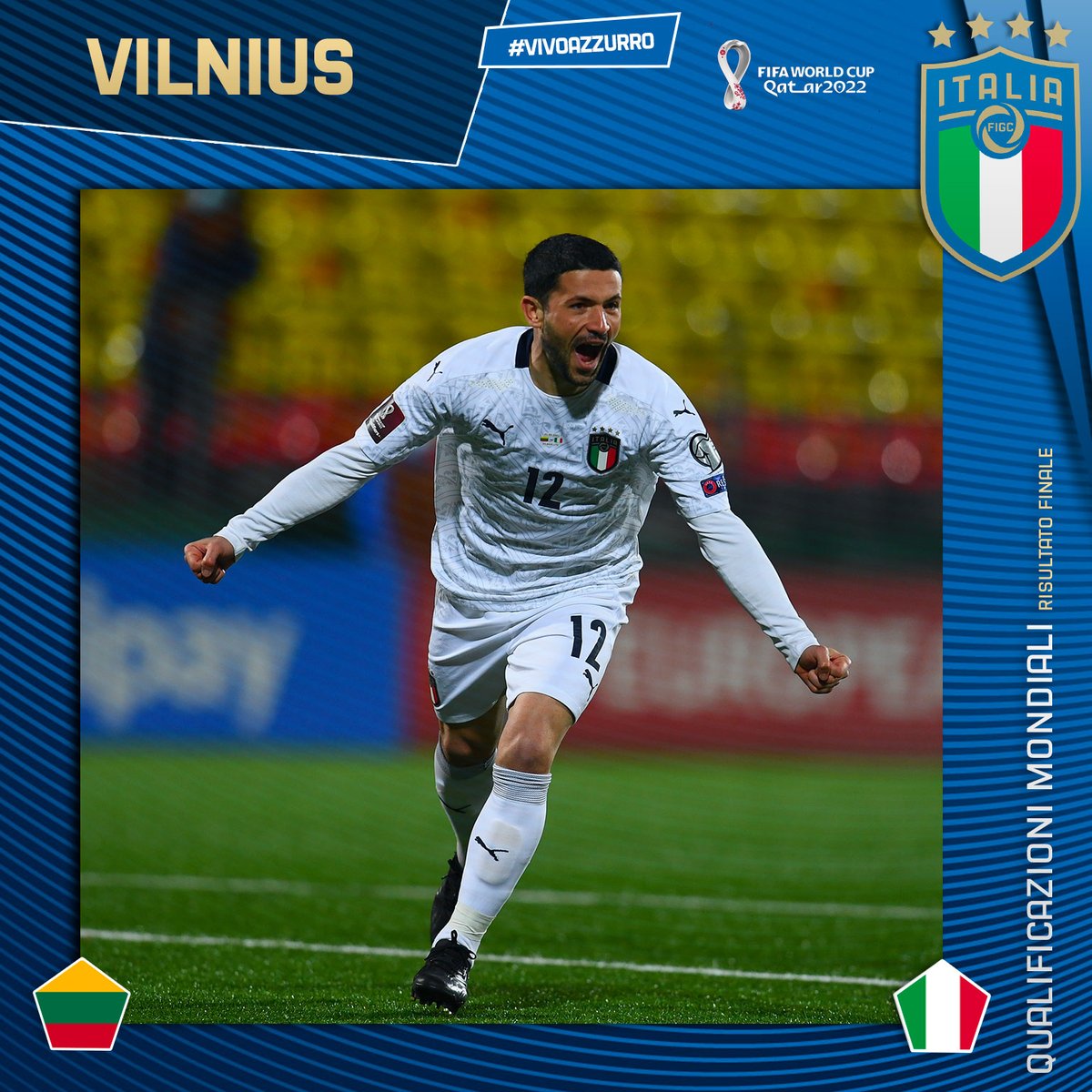 Azzurri's tweet photo. ⏱ FINALE
🇱🇹🇮🇹 #LituaniaItalia 0️⃣-2️⃣
⚽️ #Sensi 48’, #Immobile (r) 94’

📋 L’#Italia di #Mancini vince ancora e centra la terza vittoria su tre gare nel Gruppo C

#Nazionale #WCQ�� #LitIta  #VivoAzzurro https://t.co/XZCTrlV9On