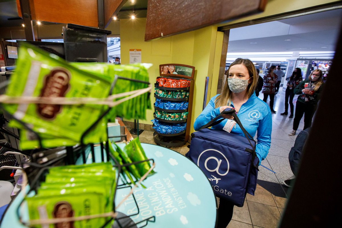 DENAirport's tweet photo. What's better than snacks? Snacks DELIVERED! With #EatsDelivered snacks, travel items + tasty meals from DEN restaurants come to you, anywhere in the airport! Download the @atyourgate app to order. Even better, in honor of #MarchMadness use code NCAA at checkout for $10 off ! https://t.co/X9RINWNvKY