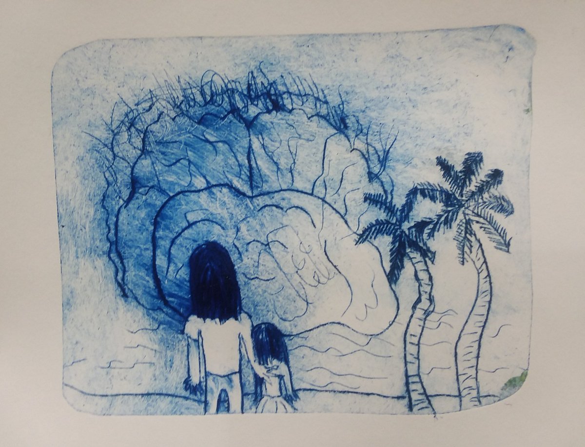 ADM_Ostrander's tweet photo. This drypoint print documents a students perspective on a historical event. This student selected Pearl Harbor. The printing process allows us to make multiples while experimenting with color. Which one is your favorite? https://t.co/1A5VDu6SVj