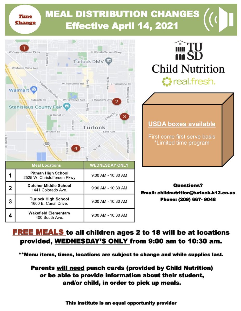 TurlockUSD's tweet photo. Child Nutrition has changed their time for curbside meal service effective Wed., April 14, 2021. Meal times will be from 9:00-10:30 AM at the following locations:

🍊Dutcher Middle School
🍊Pitman High School
🍊Turlock High School
🍊Wakefield Elementary

#TUSD #REALFRESH https://t.co/DbidWgakug