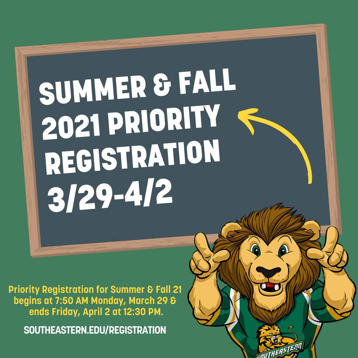 SLUfinaid's tweet photo. 🗓 Priority Registration for Summer &amp; Fall 2021 is open until 4/2 at 12:30 pm.
📚 Priority Registration is for all currently enrolled, returning, new transfer, &amp; graduate students.
🦁 Check your registration appointment times and register online in your LEONet account. https://t.co/fR0jGafVZT