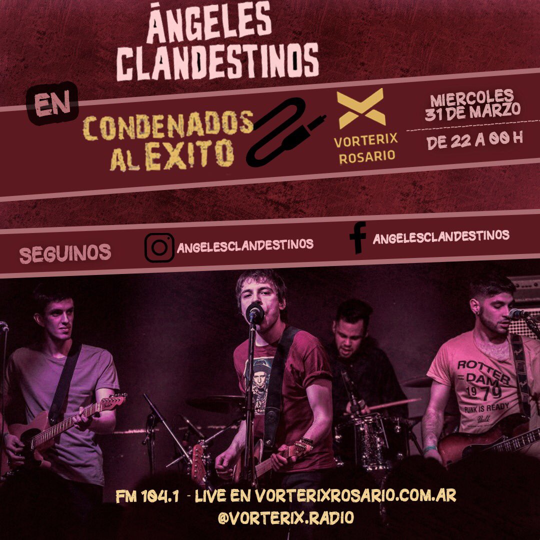 Hoy 22.45 H, <a href="/PicedaEsteban/">Esteban Piceda</a> va a estar hablando con <a href="/NanHougham/">Nan Hougham</a>, en el programa #condenadosalexito , por radio @RosarioVorterix , de nuestro nuevo álbum y algunas cositas mas 🤩

👉🏻Nos pueden escuchar en vorterixrosario.com.ar | FM 104.1 📻 

Lxs esperamos 🤘🏻🙌🏻♥️