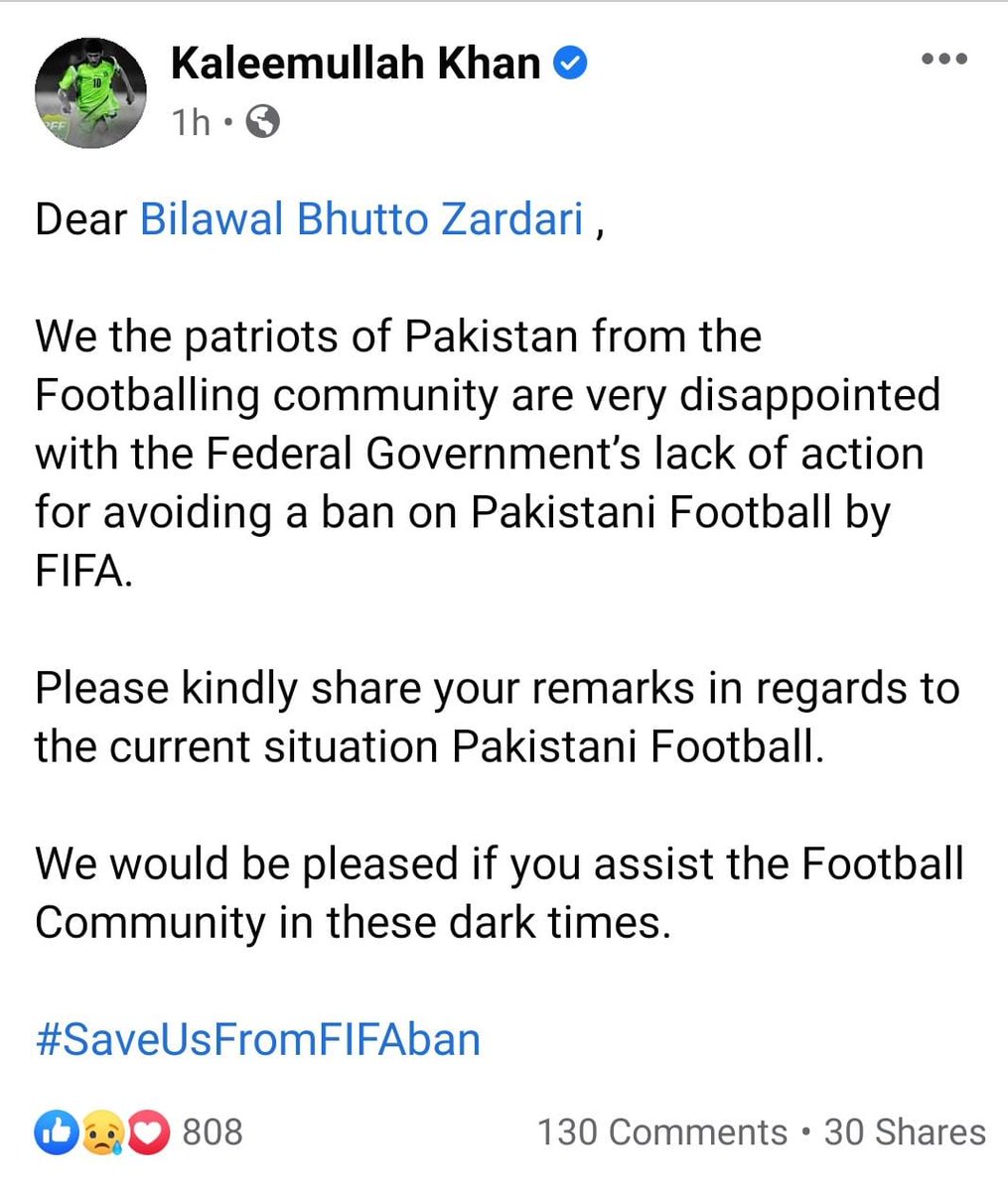 A_B_Raees's tweet photo. Dear Honorable Chairman @BBhuttoZardari Plz take notice
#SavePakistanFootball
#saveusfromFIFAban
@ShaziaAttaMarri @Anny_Marri @Mustafa_PPP @KasimGillani https://t.co/3kTmaAr6mB