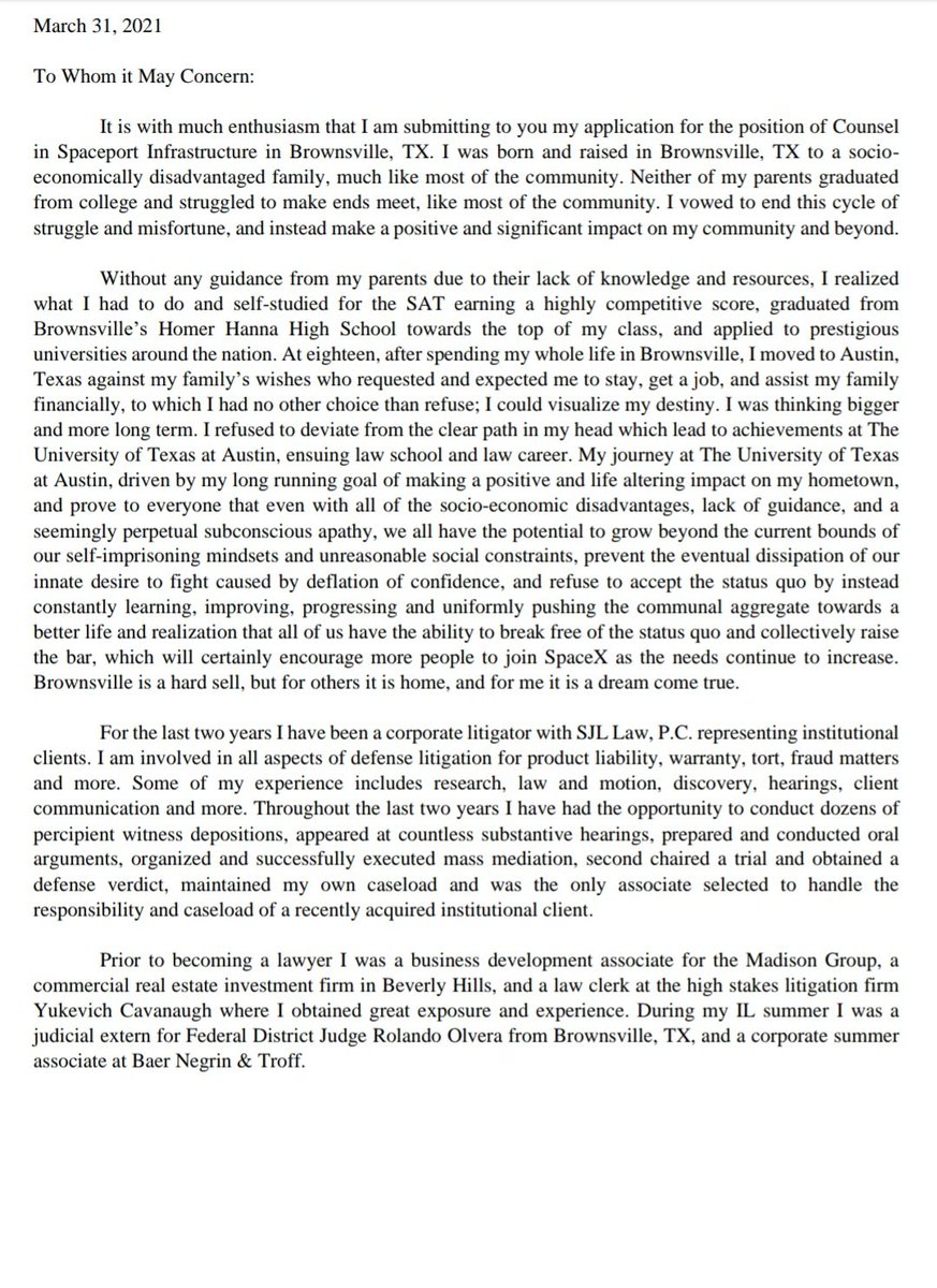 Victorballad1's tweet photo. @elonmusk see attached my resume and cover letter for the Brownsville, TX legal counsel position, where I was born and raised! https://t.co/gnIDzCV41l