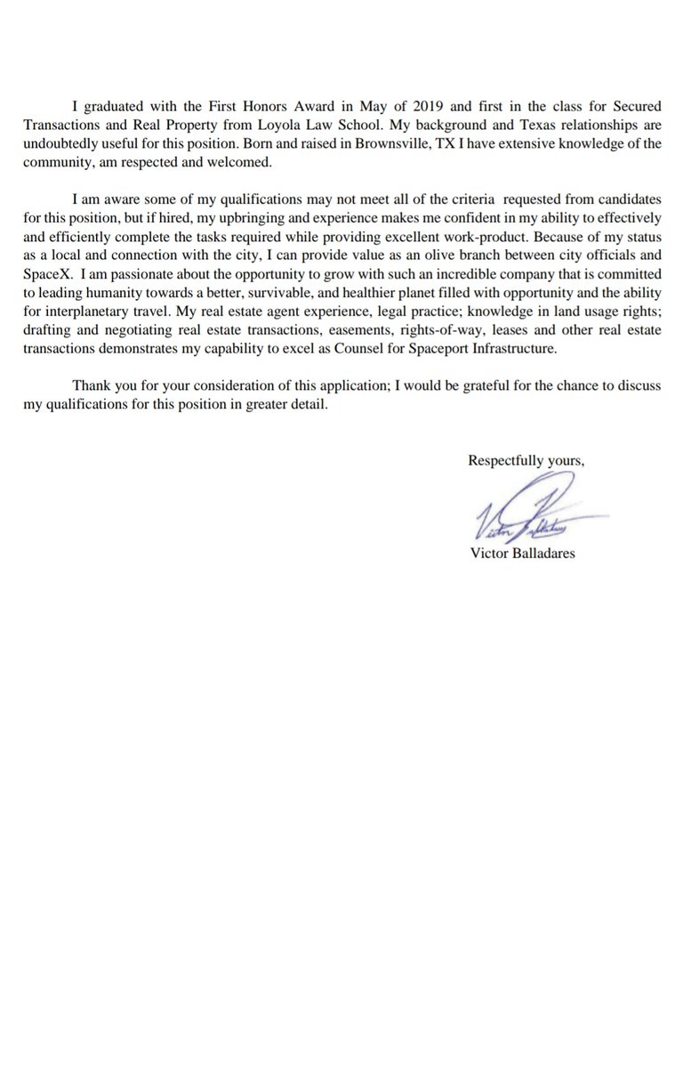 Victorballad1's tweet photo. @elonmusk see attached my resume and cover letter for the Brownsville, TX legal counsel position, where I was born and raised! https://t.co/gnIDzCV41l