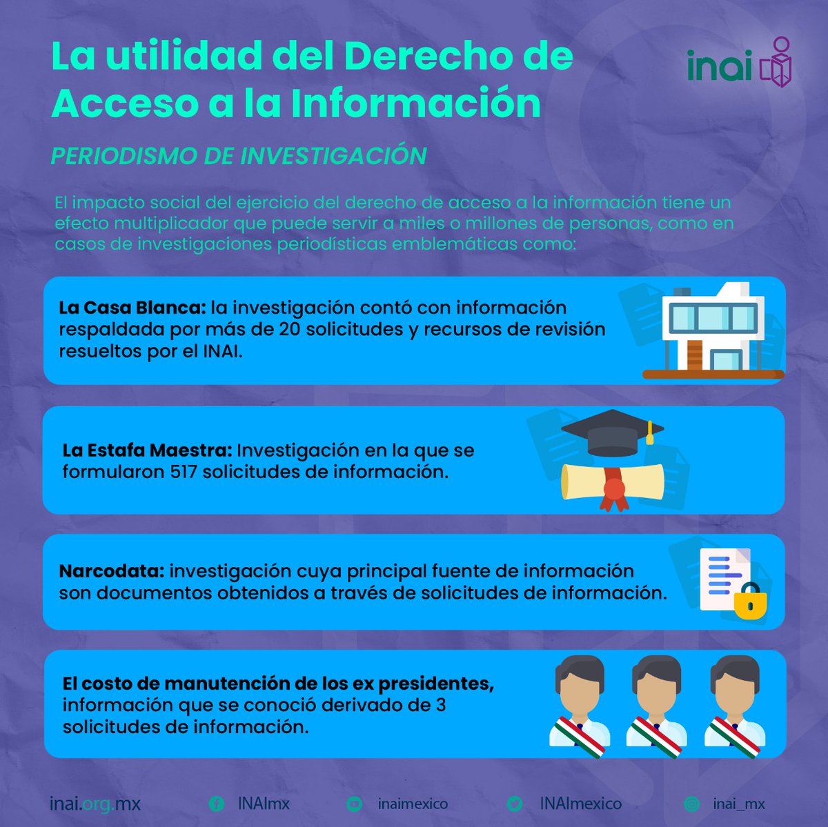 INAImexico's tweet photo. ◈El impacto social del ejercicio del derecho de acceso a la información tiene un efecto multiplicador, tal es el caso de valiosas investigaciones periodísticas emblemáticas como: #LaCasaBlanca 
#LaEstafaMaestra 
#NarcoData 
#PensionesExpresidentes 
#ElINAIesdeTodasyTodos 🤝 https://t.co/CBbAXjTOjq