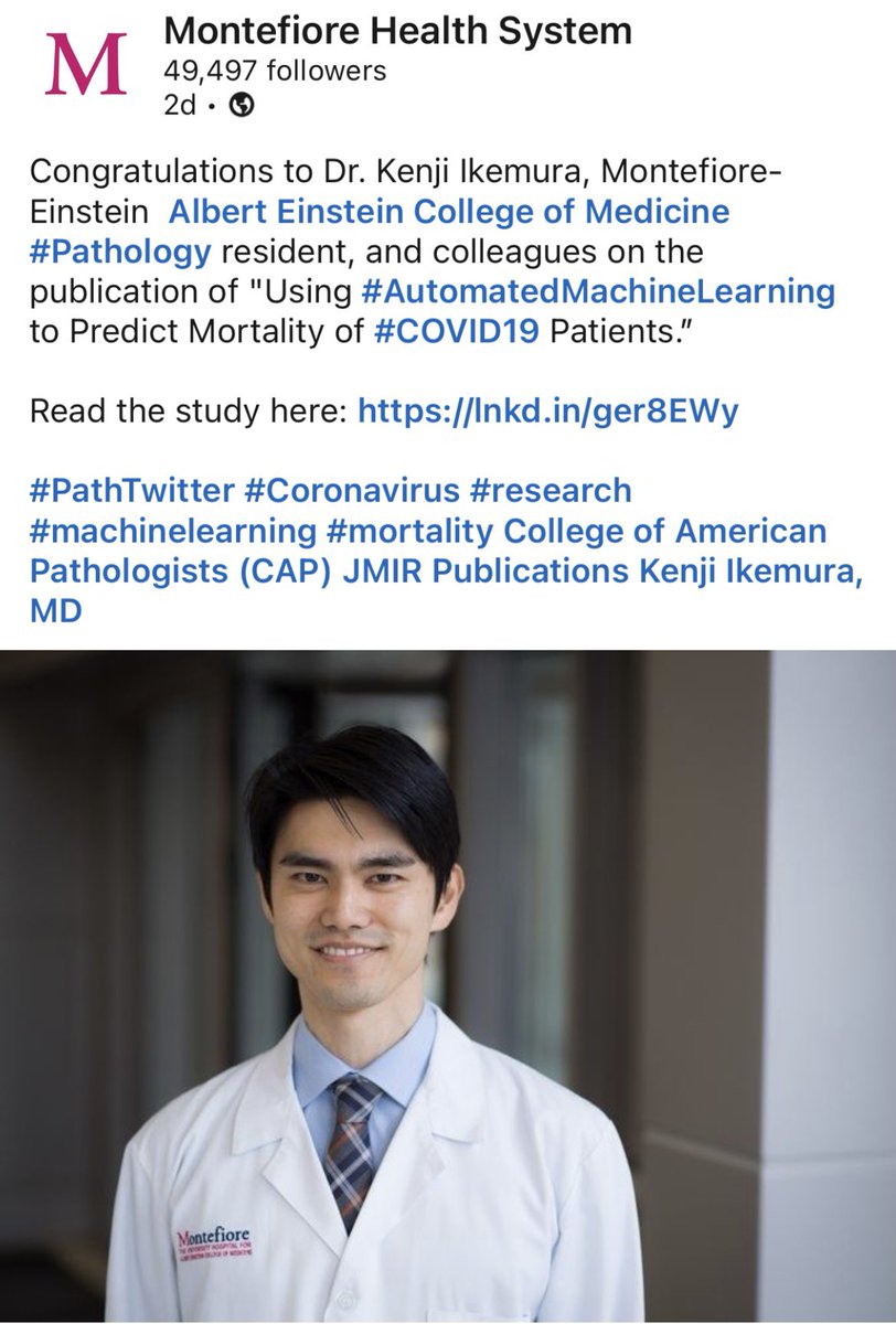 SamKhader's tweet image. Congrats to my brilliant resident at @MontefioreNYC Dr. Kenji Ikemura @kikem_7 on his publication "Using #AutomatedMachineLearning to Predict Mortality of #COVID19 Patients.” Read the study here: lnkd.in/ger8EWy @EinsteinPath @EinsteinMed @LinkedIn #Pathology