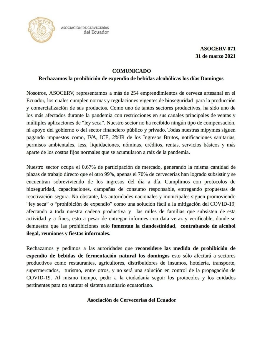 • COMUNICADO• 
#ASOCERV se pronuncia con respecto a las últimas disposiciones enviadas por el <a href="/MinGobiernoEc/">Ministerio de Gobierno Ecuador</a> y <a href="/TurismoEc/">Ministerio de Turismo Ecuador 🇪🇨</a>
<a href="/PradoHolguin/">Rosi Prado De Holguín</a>
<a href="/martinezjg/">Gabriel Martínez Castro</a> <a href="/Lenin/">Lenín Moreno</a> <a href="/ProduccionEc/">ProducciónEc</a> <a href="/RommelSalazarCe/">ROMMEL SALAZAR</a> <a href="/CapiZapataEC/">Capi Zapata</a> <a href="/elcomerciocom/">El Comercio</a> <a href="/tctelevision/">TC Televisión</a> <a href="/teleamazonasec/">Teleamazonas</a> <a href="/eluniversocom/">El Universo</a> <a href="/LaPosta_Ecu/">La Posta</a>