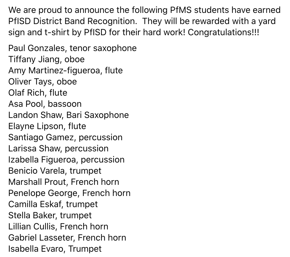 Congrats to the following All-Districts students from Pflugerville Middle School! 🥳