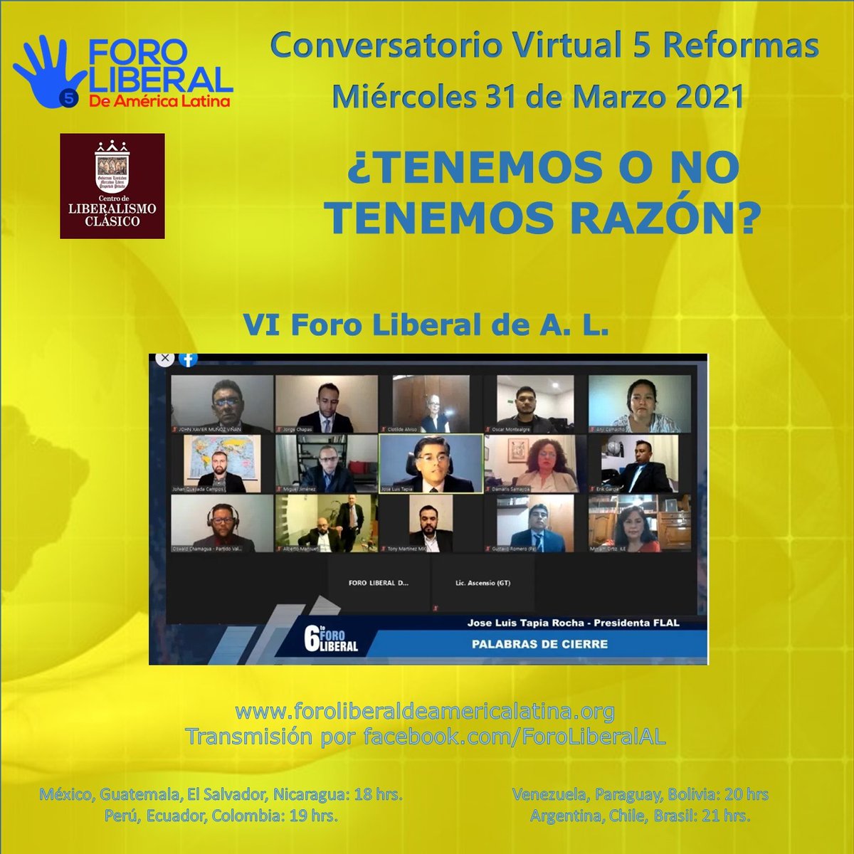 Cómo Todas las semanas, hoy Miércoles 31, nos reunimos en el Conversatorio Virtual

facebook.com/ForoLiberalAL/

#5Reformas
#ForoLiberalAL
#5ReformasEnAccion
#5ReformasContinental
#CapitalismoParaTodos