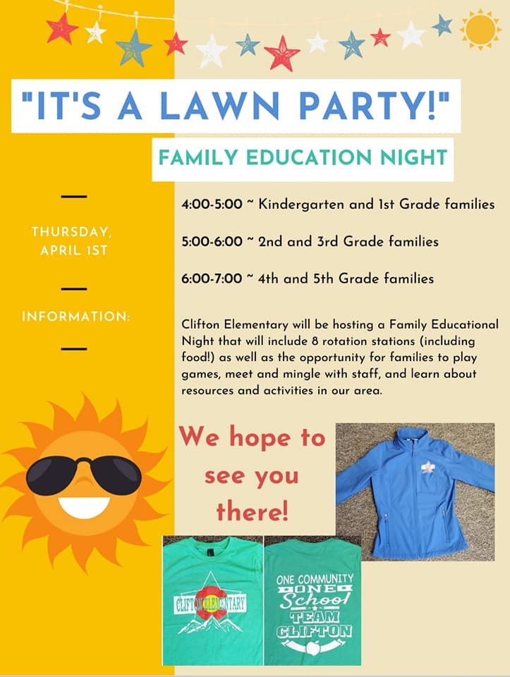 Family Educational Night at Clifton on Thursday, April 1st.  Looking forward to seeing our families and having fun.  #reachforthestars
