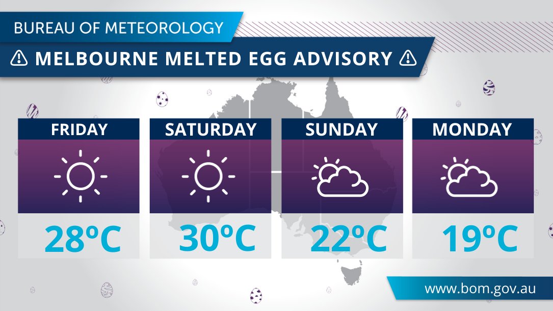 ⚠️MELTED EGG ADVISORY⚠️
Victorians are advised that dangerous #egg solidity conditions are forecast until Easter Sunday. Please keep your #chocolate in a cool, dry place, and check with your local chocolatiers for  further advice.

Check your egg forecast: ow.ly/OzNB50EdPcg