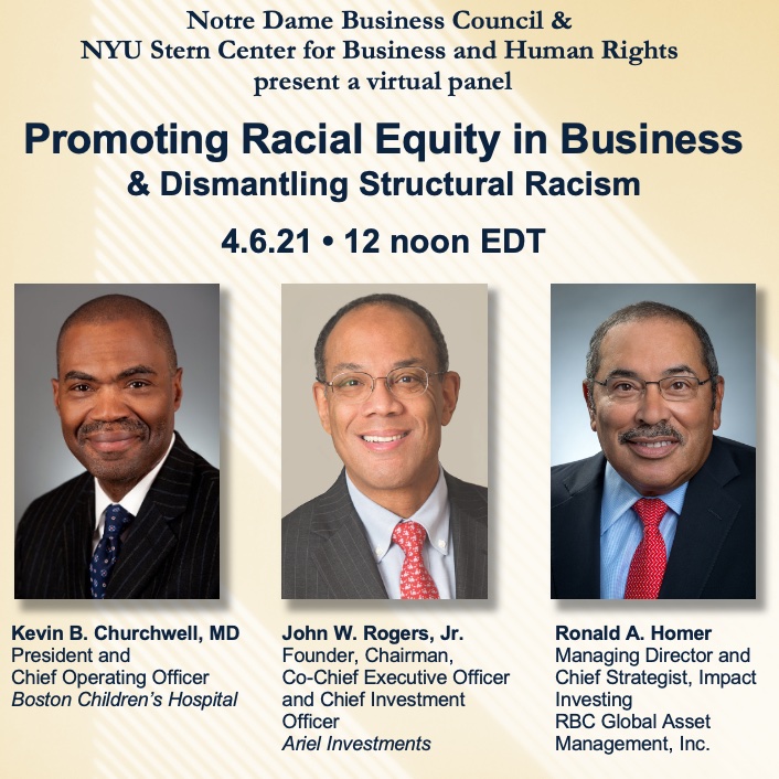 NDBizCncl's tweet photo. Join us &amp; @NYUSternBHR online 4/6 12PM for Promoting Racial Equity in Business w/moderator Ron Homer, Chief Strategist Impact Investing @rbcgamnews Dr. Kevin Churchwell Pres/COO @BostonChildrens &amp; John Rogers Jr Chair @ArielInvests Register https://t.co/VQdj4vh1y8 #NDBCLead 1/5 https://t.co/0532VQMtPK