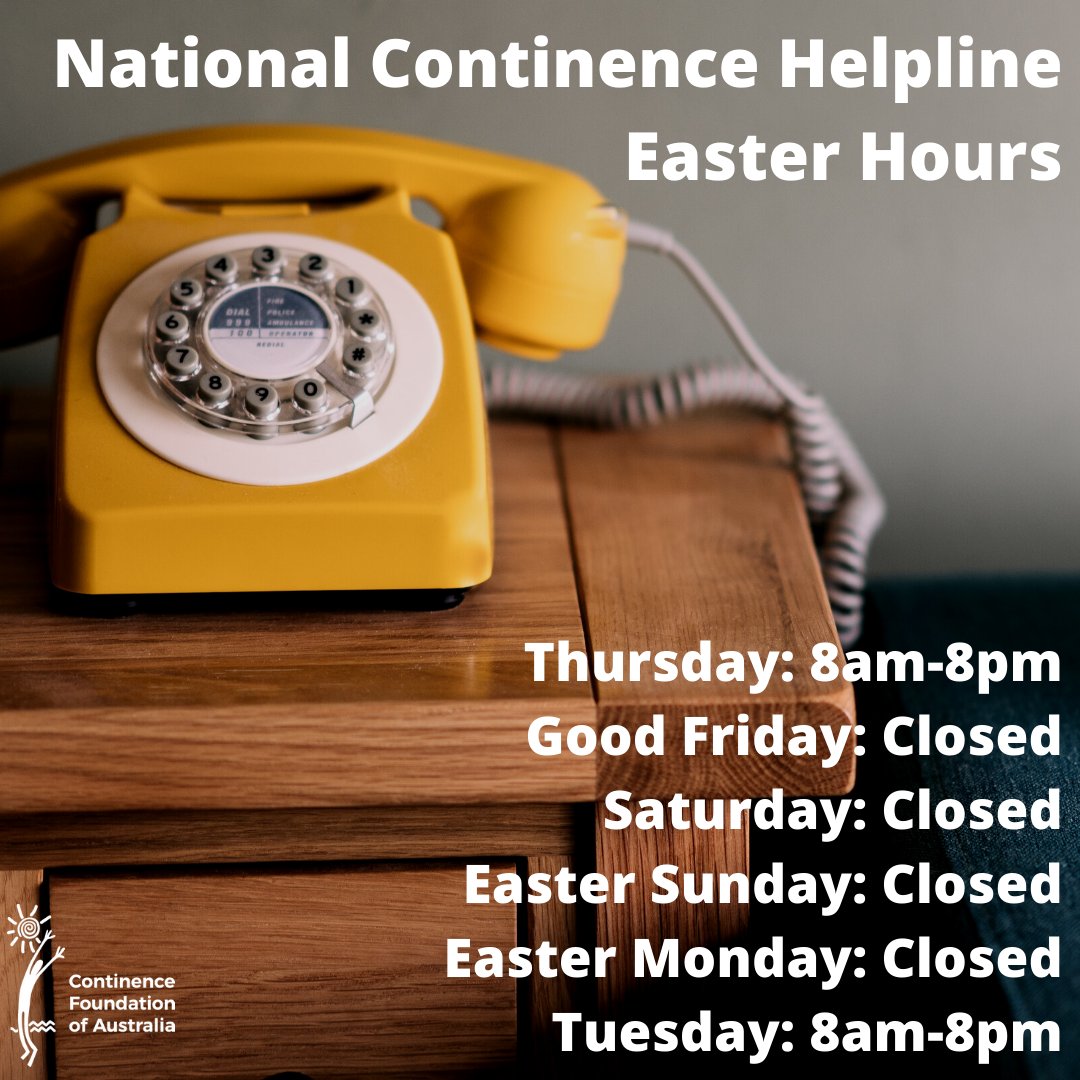 AusContinence's tweet photo. The National Continence Helpline will be closed over the Easter long weekend but will be open as usual today, and resume normal operation from Tuesday. https://t.co/ZcJn4HRnFz