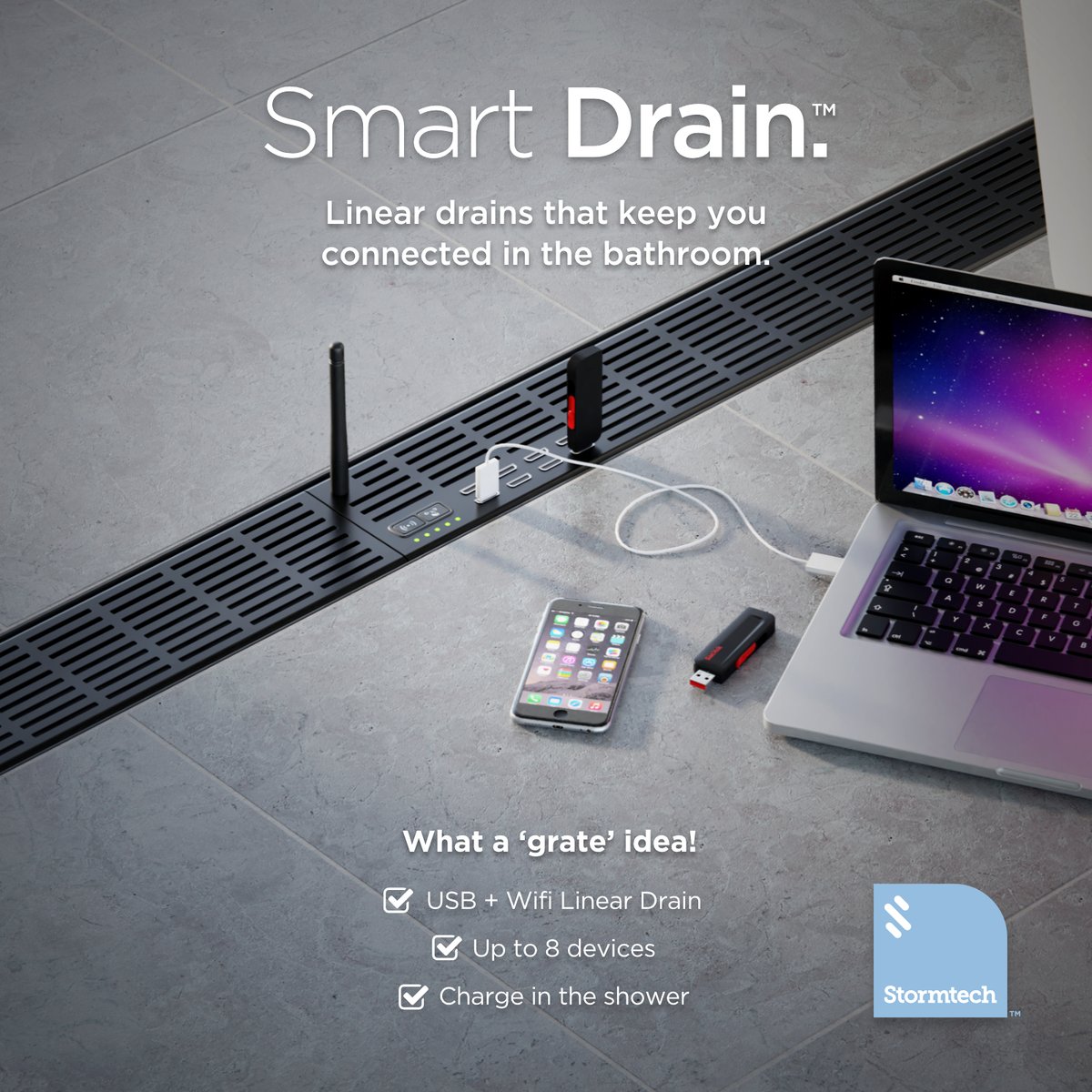 stormtechdrains's tweet photo. We’ve teamed up with Australia’s leading Wifi &amp; Bluetooth providers to bring you the Smart Drain “Bathroom drains with USB and Wifi just makes sense" visit our website for more details https://t.co/xQtRHEGRCN https://t.co/kiEjQwbUFB