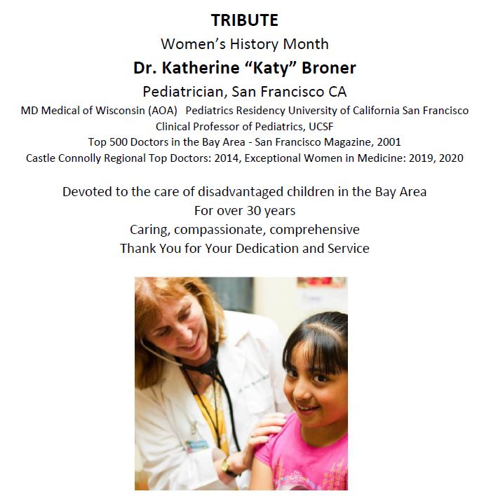 JAPWilson (@japwilsondukegi) on Twitter photo Honoring Dr. Katherine "Katy" Broner, Pediatrician for over 30 yrs devoted to care of disadvantaged children in SF Bay area, recognized as top physician: <a href="/MCWMedSchool/">MCW Med School Admissions</a>, <a href="/ucsfpedsres/">UCSF Pediatric Residency</a>, <a href="/stanthonysf/">St. Anthony's</a>, <a href="/CYWSanFrancisco/">Center for Youth Wellness</a> Honoring Dr. Katherine "Katy" Broner, Pediatrician for over 30 yrs devoted to care of disadvantaged children in SF Bay area, recognized as top physician: <a href="/MCWMedSchool/">MCW Med School Admissions</a>, <a href="/ucsfpedsres/">UCSF Pediatric Residency</a>, <a href="/stanthonysf/">St. Anthony's</a>, <a href="/CYWSanFrancisco/">Center for Youth Wellness</a>