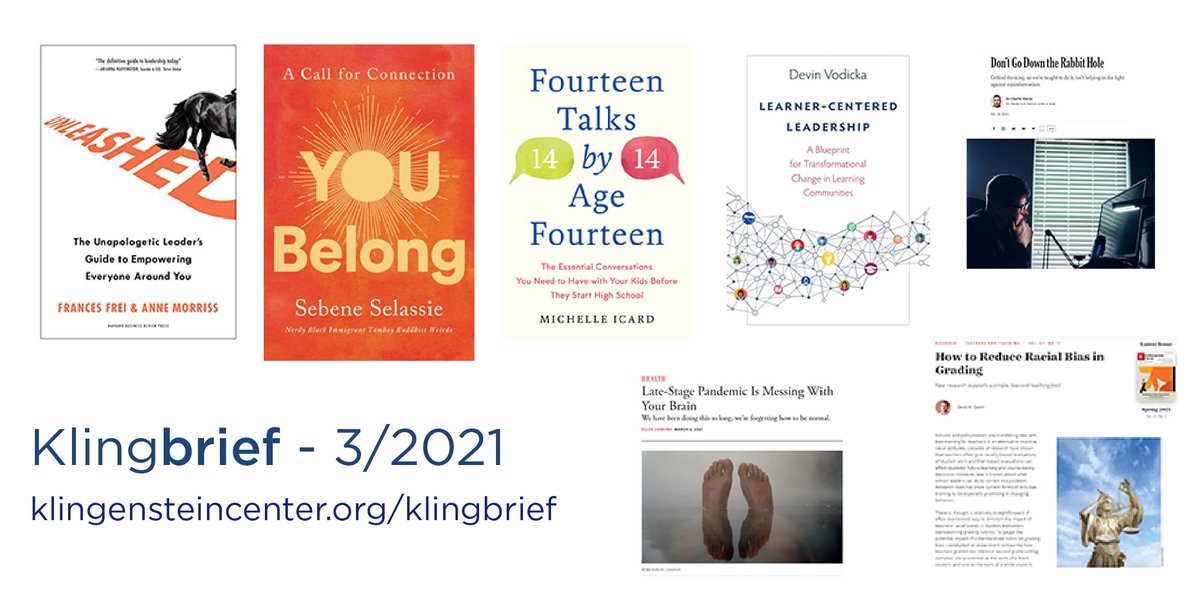 Klingbriefer's tweet photo. The March Klingbrief is out w/ 8 recommended readings for #edleadership. Books by @sebeneselassie @michelleicard @dvodicka and Frances Frei &amp; Anne Morris; a report on a 20-year study on the impact of principals; and additional readings. Check it out: https://t.co/aOda65tiar https://t.co/Dx96jXD0ta