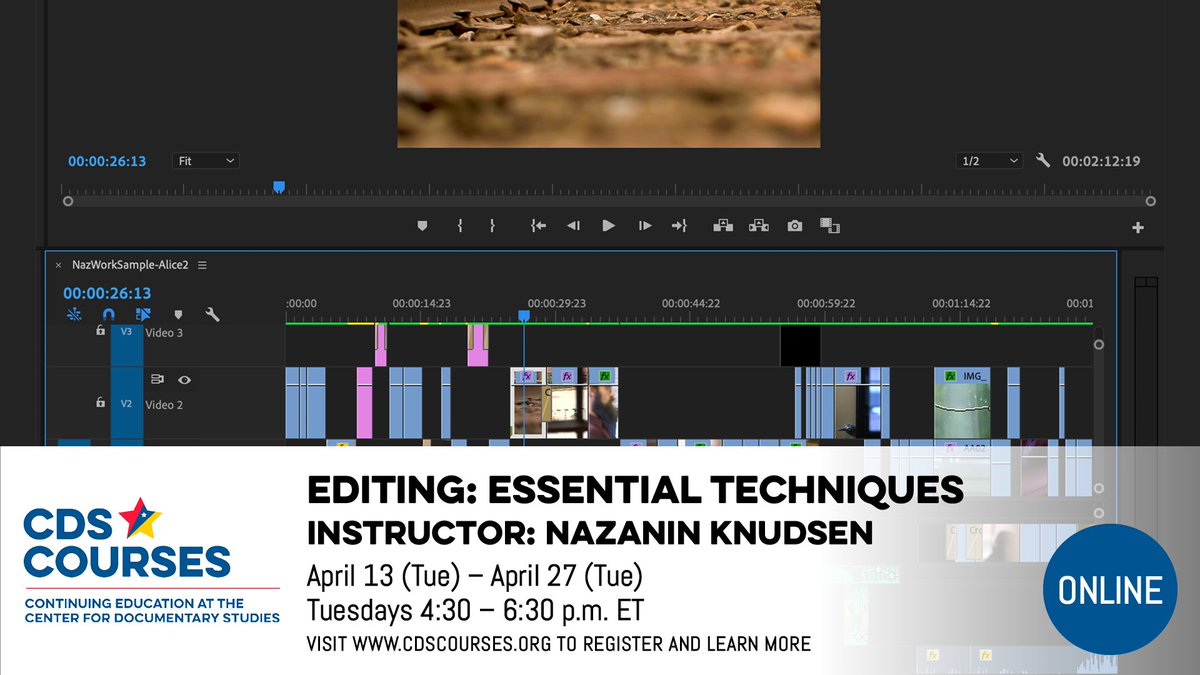 CDSDuke's tweet photo. #CDSCourses class "Editing: Essential Techniques" with @nazbk begins April 13! Get an overview of film editing techniques, practice the fundamentals, gain a solid foundation for working in Adobe Premiere Pro—and edit a one-minute film.
REGISTER ➡️ https://t.co/hqVog2MZdP https://t.co/EdUd5jBk6q