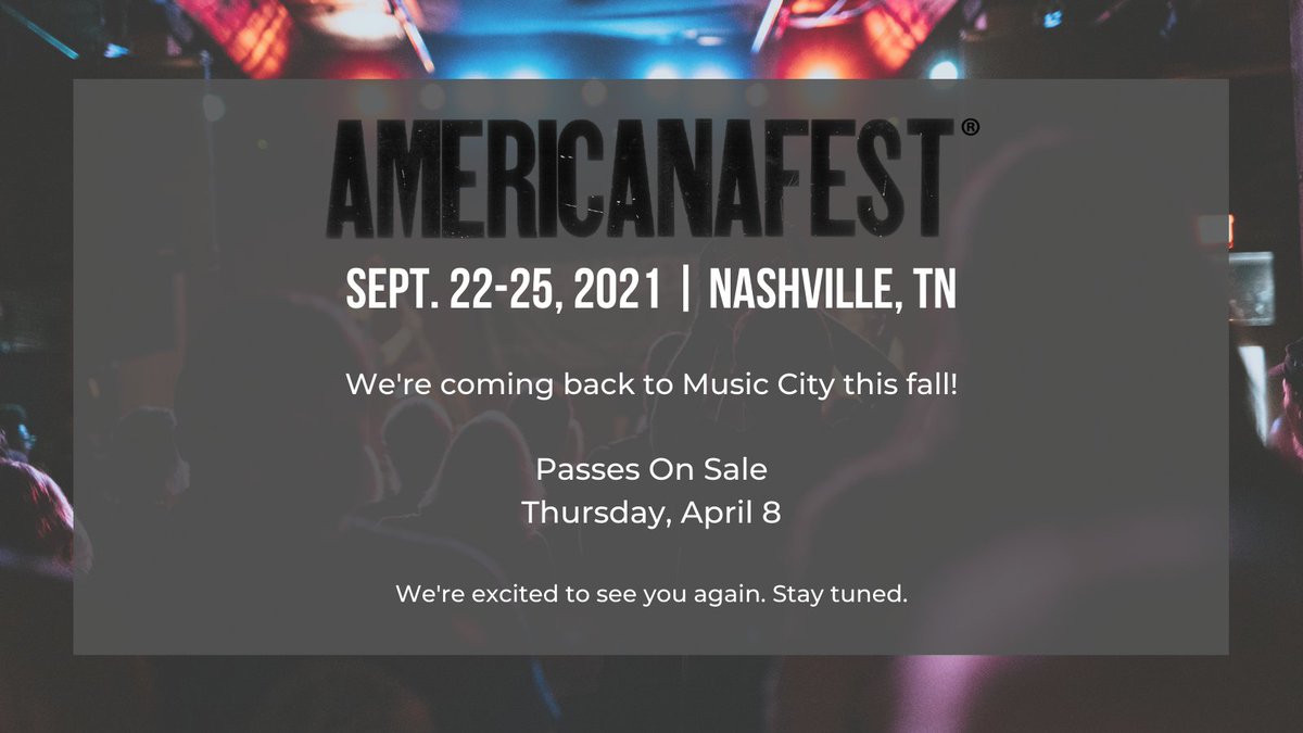 AMERICANAFEST's tweet photo. 🚨  #AMERICANAFEST is back!! 🚨

It's not a joke: We're excited to see you all in Nashville this fall, Sept. 22-25!

Passes on sale April 8. Tell your friends! https://t.co/ldTYe26Vyi