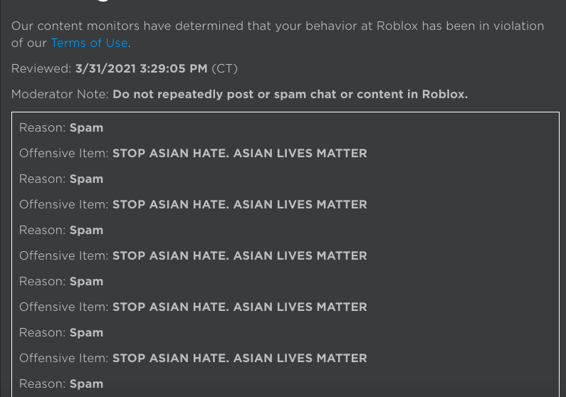 PetbredF's tweet photo. ok i get th spamming part but someone rlly just told us that they were going to report us for saying asian lives matter and not spam @Roblox https://t.co/SBA5nNFQ7N
