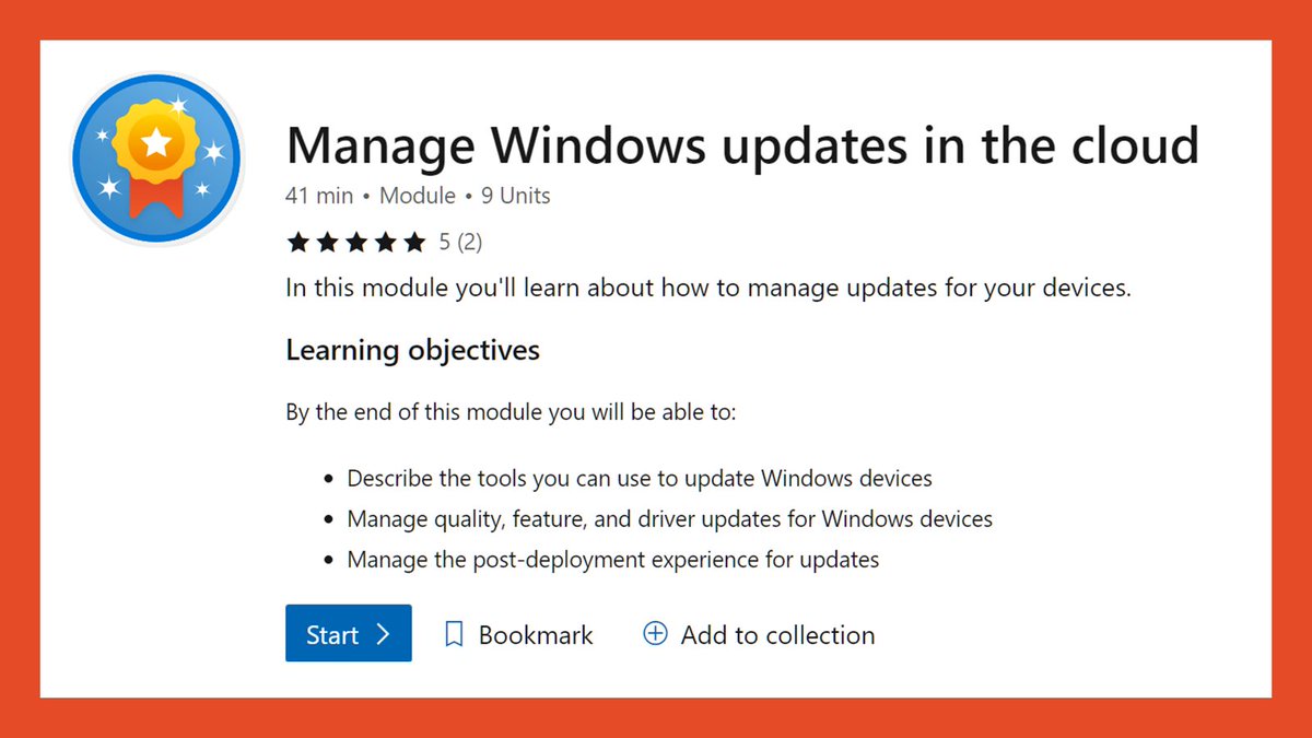 MSWindowsITPro's tweet image. 📢New learning path available - aka.ms/learn/manage-W…! 

In 41 minutes (or less), you can get up to speed on what you need to know to manage Windows updates in the cloud - tools, settings, and how to create a good user experience.

#Windows10 #UpdateManagement #Endpoint