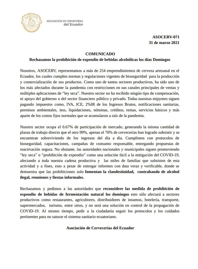 🔴#ATENCIÓN | <a href="/AsoCervEc/">Asocerv</a> rechaza la prohibición del consumo de bebidas alcohólicas los días domingos.
🗣️"Pedimos a las autoridades reconsideren las medidas de prohibición de expendio de bebidas de fermentación natural los domingos", declara la organización en un boletín. ⬇️