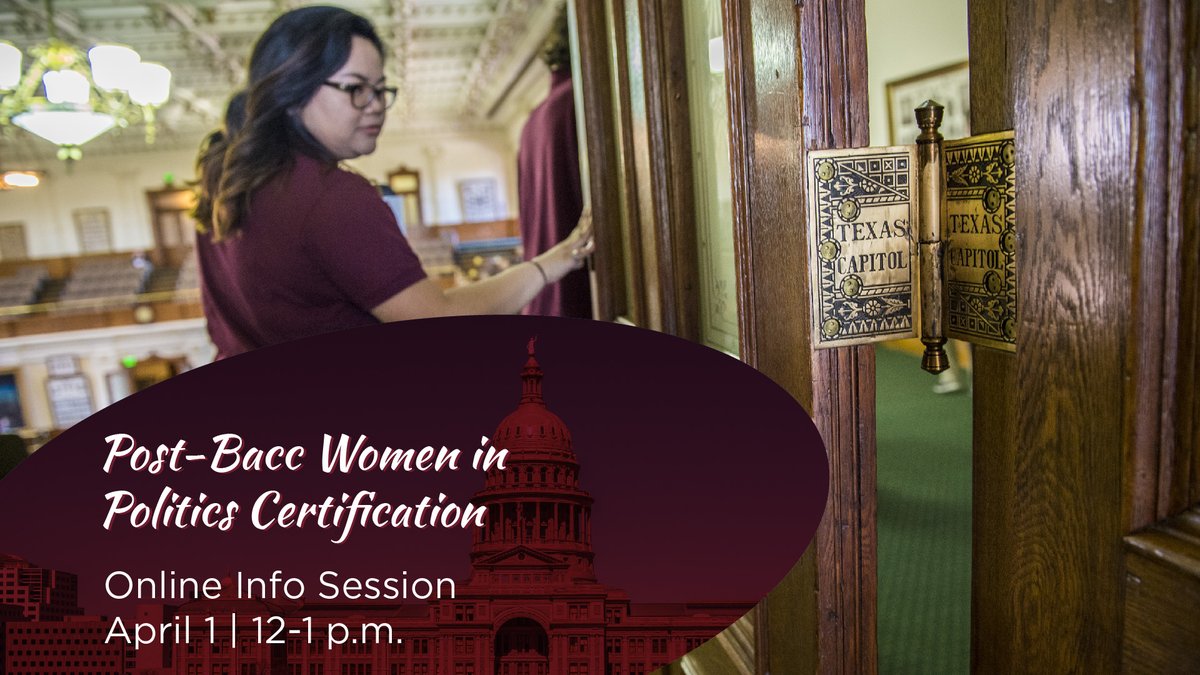 Tomorrow: Virtual Information Session: Post-Baccalaureate Women in Politics Certification, 12-1 p.m. Register: twu-edu.zoom.us/meeting/regist…