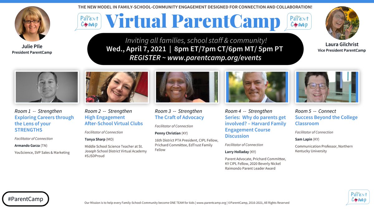 🌺Experience 1 hour of Transformational Family-School-Community Engagement next Wed, Apr 7. 🤔About the bold Virtual #ParentCamp Rooms you see. Who decided the topics? Our nationwide family-school-community, that's who! ☕️ Register here☕️ parentcamp.org/event/2021-04-… @maypenny84