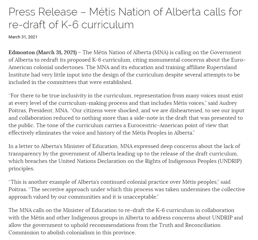 AlbertaMetis's tweet photo. We are calling on the @YourAlberta to redraft its proposed K-6 curriculum, citing monumental concerns about the Euro-American colonial undertones. Read our full release in the image or through the link: https://t.co/goJuXxx6v3 https://t.co/ZogO0OyOsU