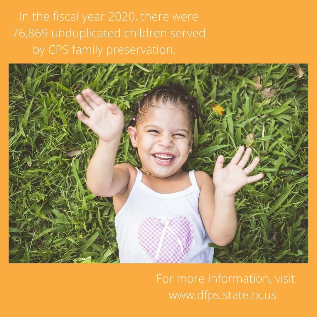 fbftexas's tweet photo. In the fiscal year 2020, there were 76,869 unduplicated children served by CPS family preservation. For more information, please visit https://t.co/B0ATWzF8H6 https://t.co/qm76BVCKM8
