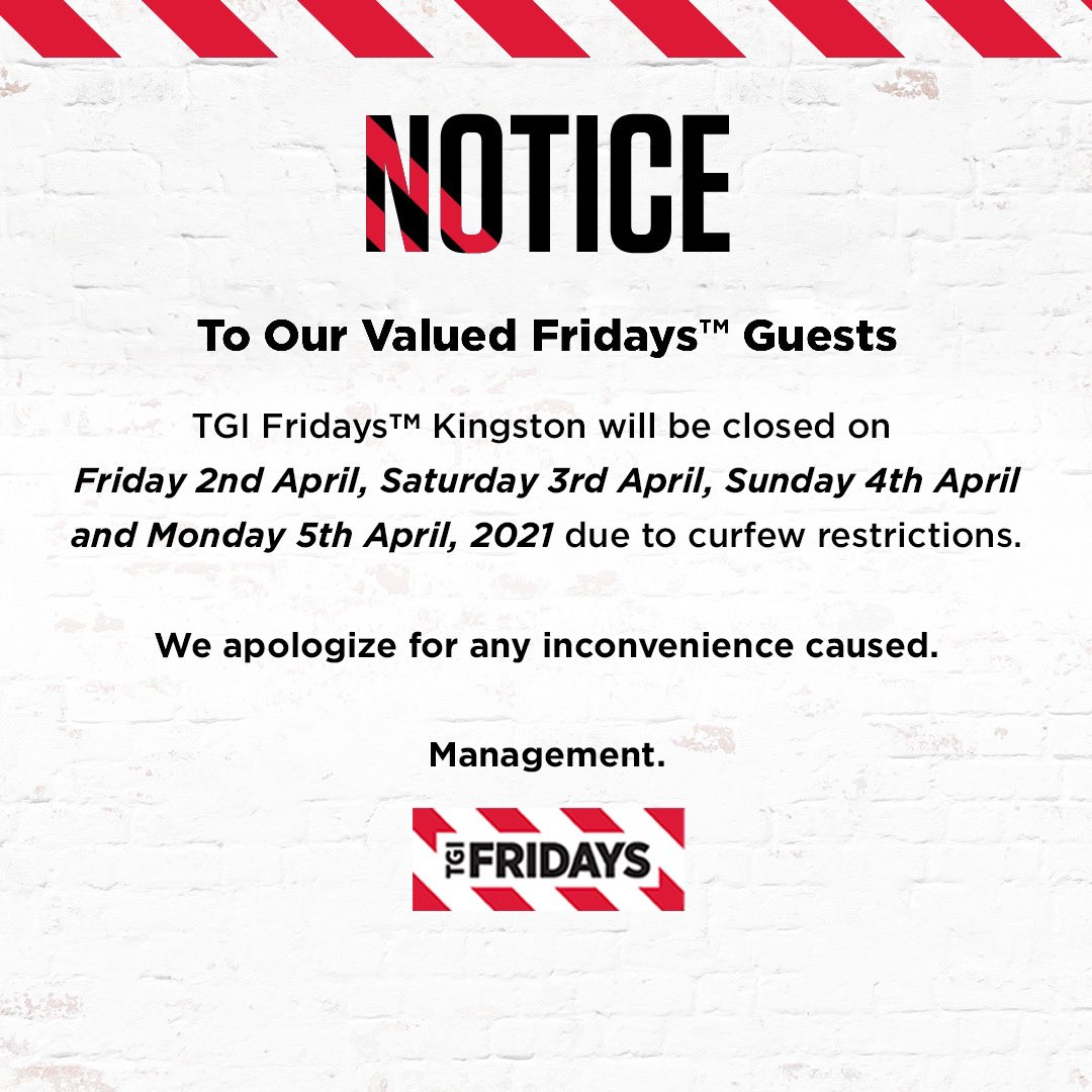 To our valued Guests.

Please note we will be closed from Friday 2nd April to Monday 5th April, 2021 due to Curfew restrictions.

We apologize for any inconvenience caused.