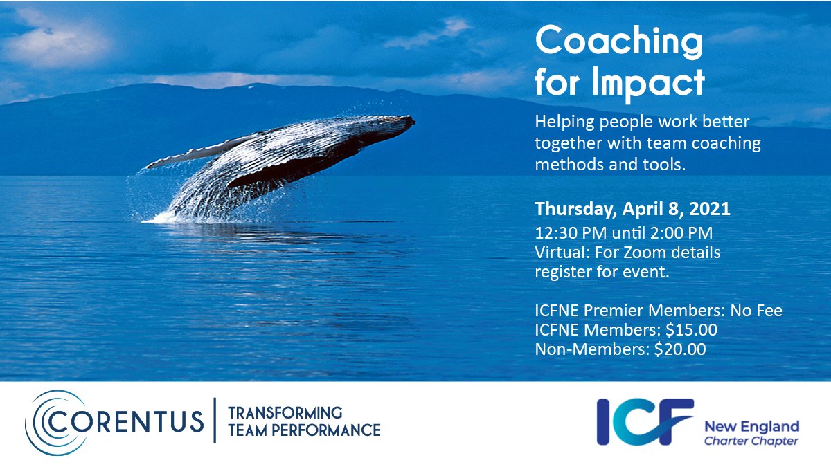 TeamCorentus's tweet image. Learn methods and tools used in team coaching to have a greater impact on your 1-1 coaching clients! Join ICF New England and Corentus, April 8th  OPEN TO ALL! Register here: icfne.org/content.aspx?p…
#teamcoaching #teameffectiveness