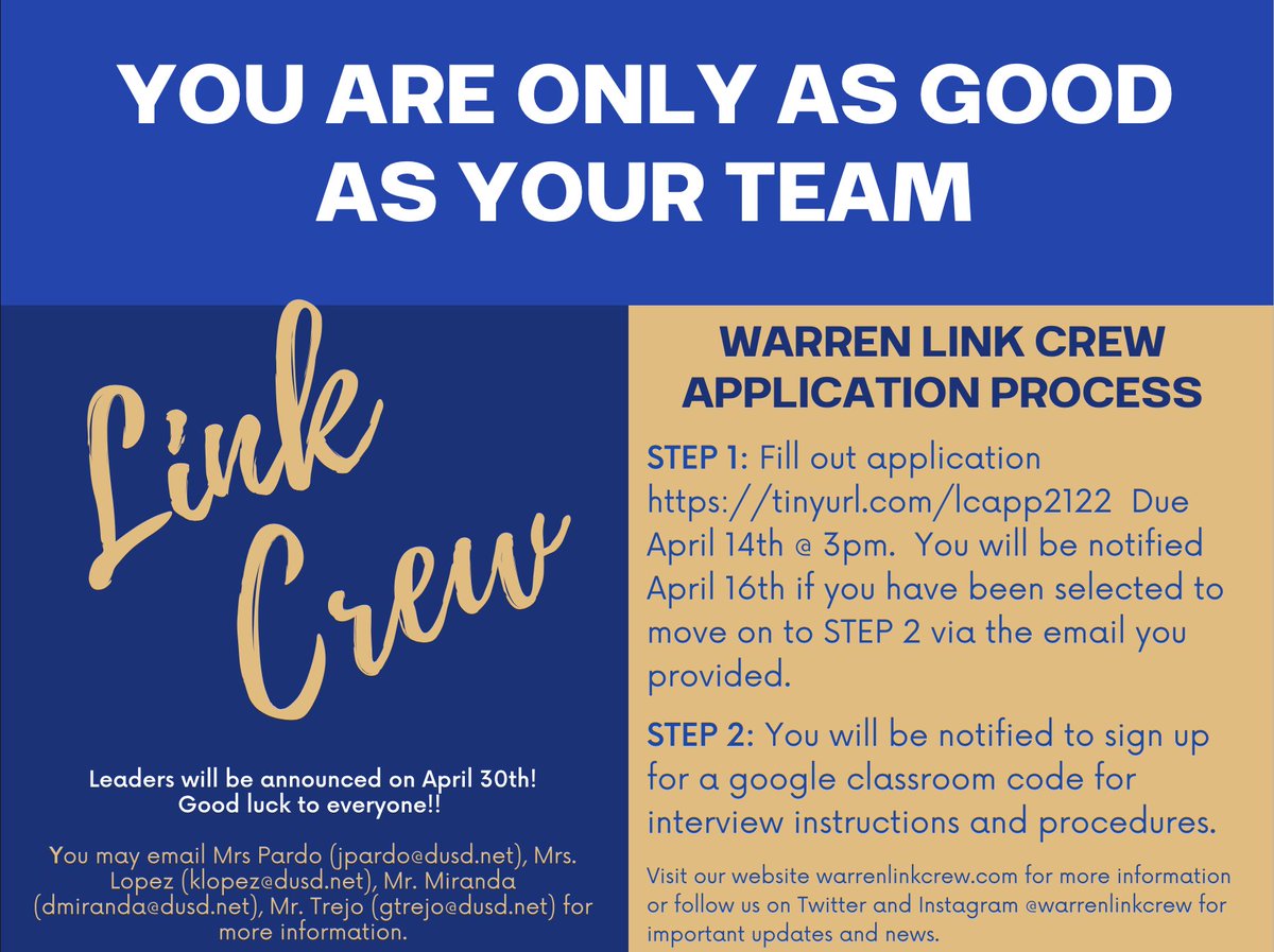 WarrenLinkCrew's tweet image. Attention 10th &amp;amp; 11th grade students!! For those who are interested in joining Link Crew next year here is more information for the application process! If you have any questions contact Mrs. Pardo at jpardo@dusd.net ! Good luck bears 🐻 💙💛