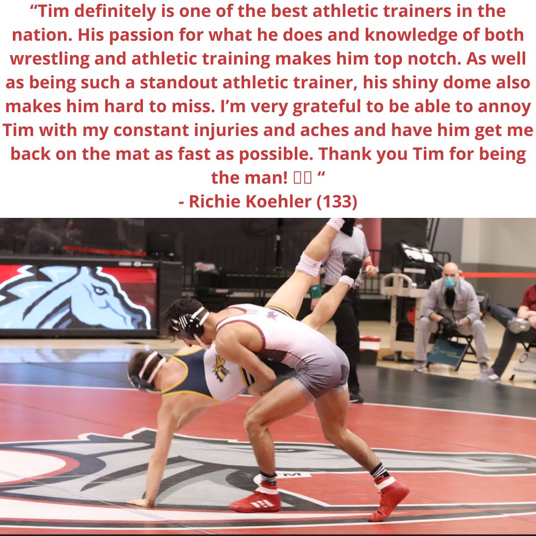 RiderWrestling's tweet photo. Thank you Tim Lengle for all that you do for our program. We would not have been able to stay healthy &amp; compete without Tim. Were very lucky to have an AT who is passionate about our athletes &amp; wrestling. Sometimes to the point  receiving a bench warning from the ref.
 #Ice&amp;Tim https://t.co/7O68uzkdC7