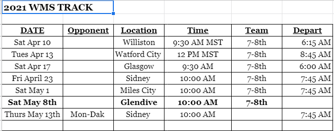 WMSGlendive's tweet photo. WMS Track schedule 2021.  GO DEMONS!!! 
#WMSDEMONS
#GPSPRIDE https://t.co/SshbcF1BOM