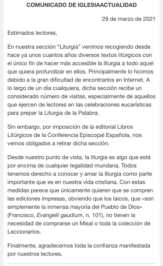 Es una lástima que <a href="/iglesiaactu/">Iglesiaactualidad</a> haya tenido que cerrar su sección de Liturgia. 
Era una gran ayuda para que mis fieles conocieran el Evangelio Dominical y hasta para preparar la Santa Misa
Si alguien conoce alguna página web con los Leccionarios y Misal de la CEE que avise xfa