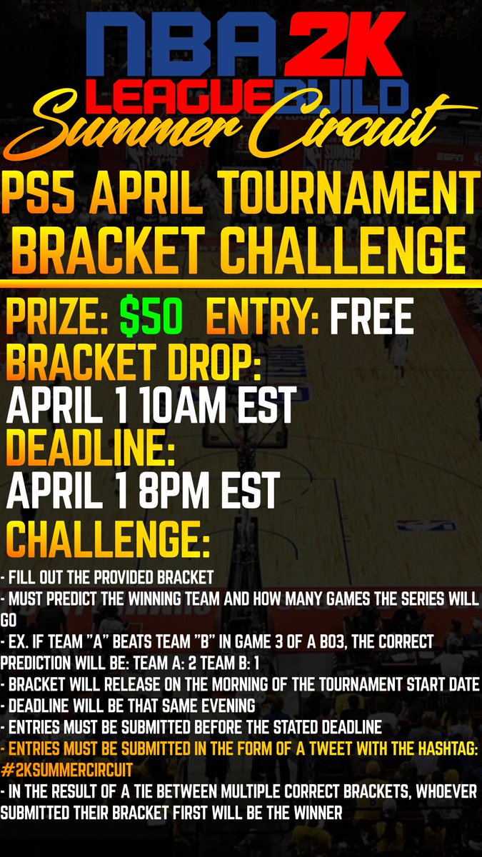 🚨LEAGUE BUILD🚨 Link: challonge.com/xo053nba Our first League Build Tournament bracket is officially set. Bracket Challenge submissions can now be entered with the hashtag #2KSummerCircuit and the bracket image down below! Who do you think is winning it all?