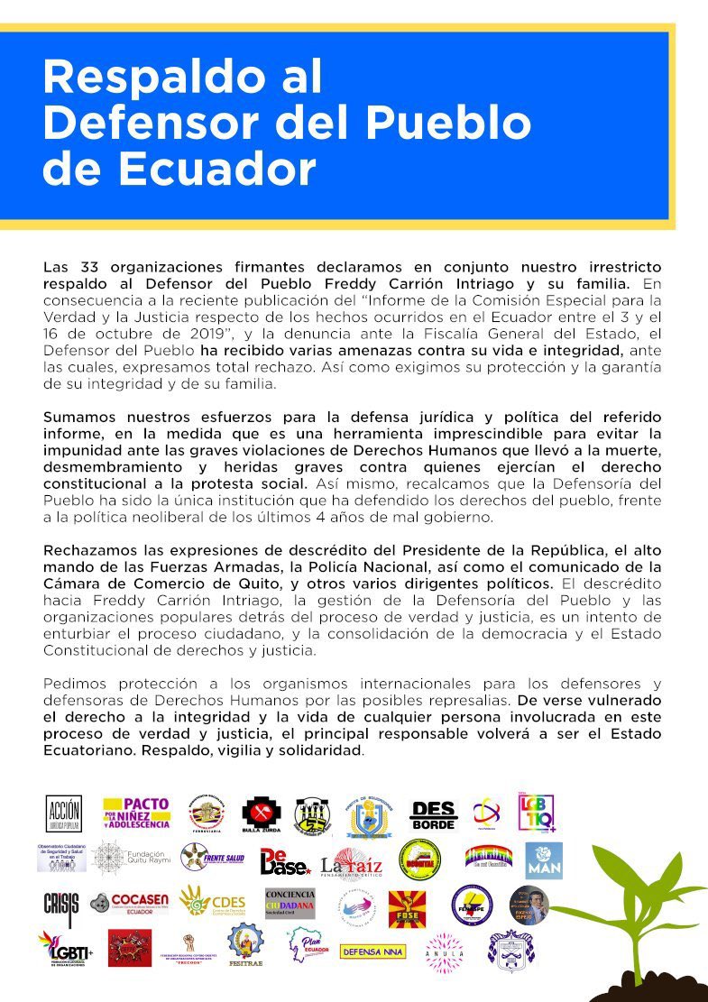 MachucaLozano's tweet photo. La sociedad civil, quienes trabajamos y defendemos día a día los derechos de personas, pueblos y colectivos estamos con ustedes @freddcarrion @sybelmartinez #EstamosConElDefensor #pornuestravida https://t.co/QpG6dZRS7k