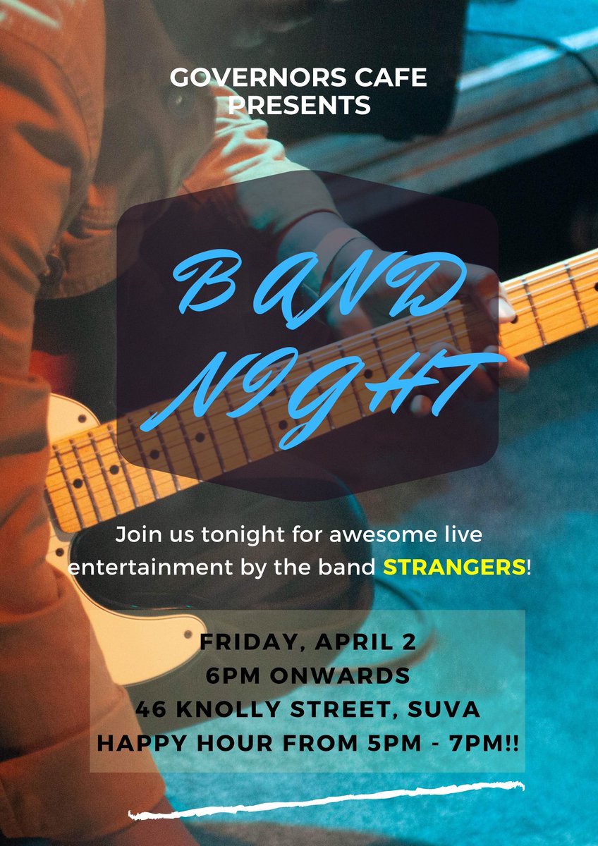 GovernorsCafeFj's tweet photo. Catch the band STRANGERS at Governors Cafe every Friday night playing cool live music!!🎸🎤🎶
**Happy hour from 5pm - 7pm**
Don't miss out! 😎
#TheBandStrangers #GovernorsCafe #TGIF #46KnollyStreet https://t.co/lpagXrGHLC
