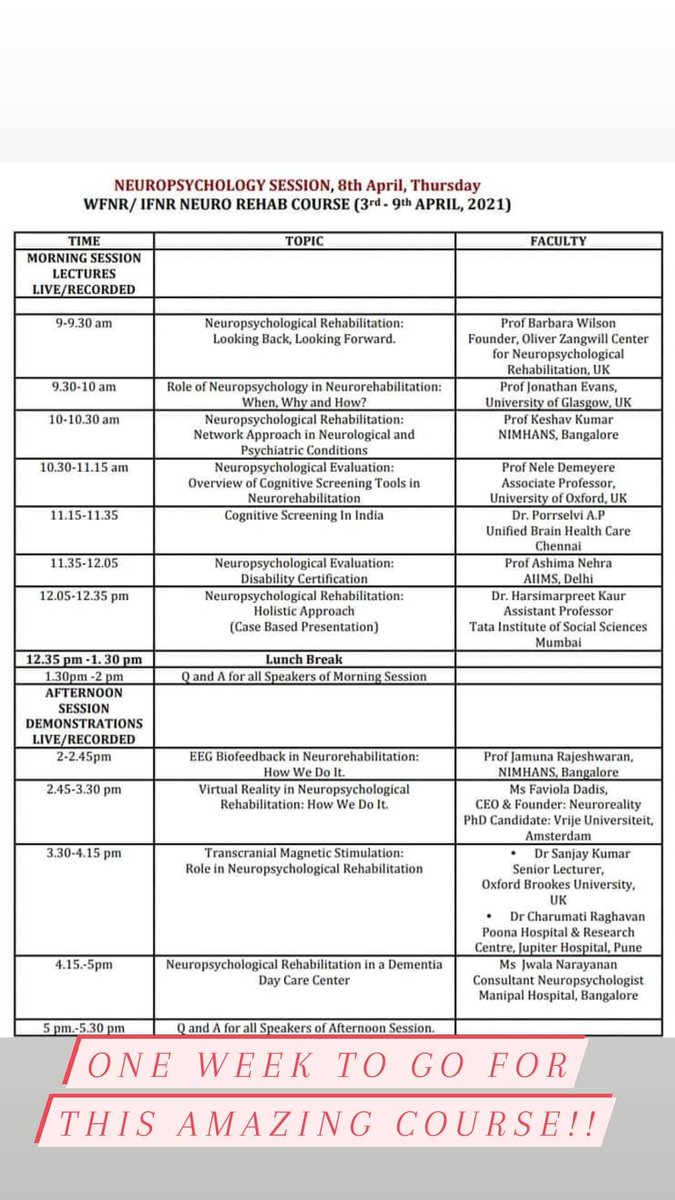 Charu81's tweet photo. One week to go for the neuropsychology day of the week long IFNR course. Looking forward! https://t.co/2EkHMIwtZX