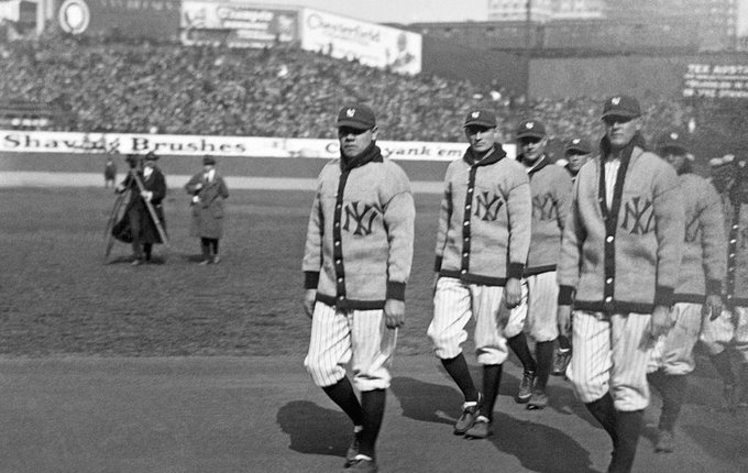 baseballinpix's tweet image. Babe Ruth and the Yankees on the first Opening Day   for the new Yankee Stadium, April 18, 1923.